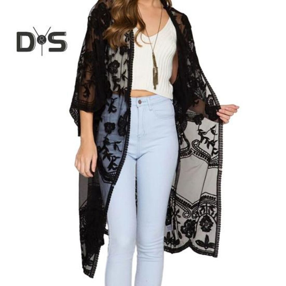 (black) Women Cardigan See through Thin Lace Embroidery Three Quarter Sleeve Solid Color Mif Length Loose Open Stitch Lady Beach Vacation Cover Up