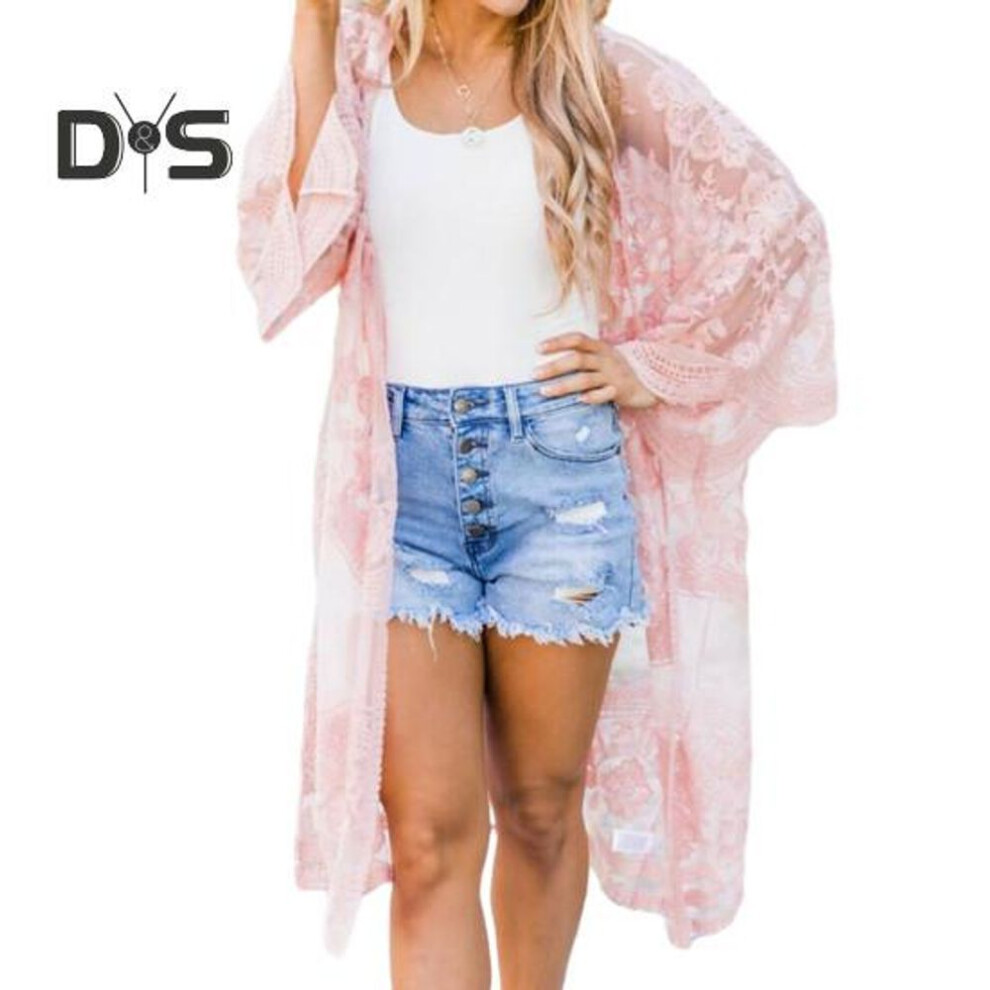 (pink) Women Cardigan See through Thin Lace Embroidery Three Quarter Sleeve Solid Color Mif Length Loose Open Stitch Lady Beach Vacation Cover Up