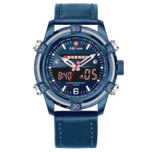 Wasserdichte Dual-Display-Uhr Echtlederband Quarzuhr BLAU FARBE