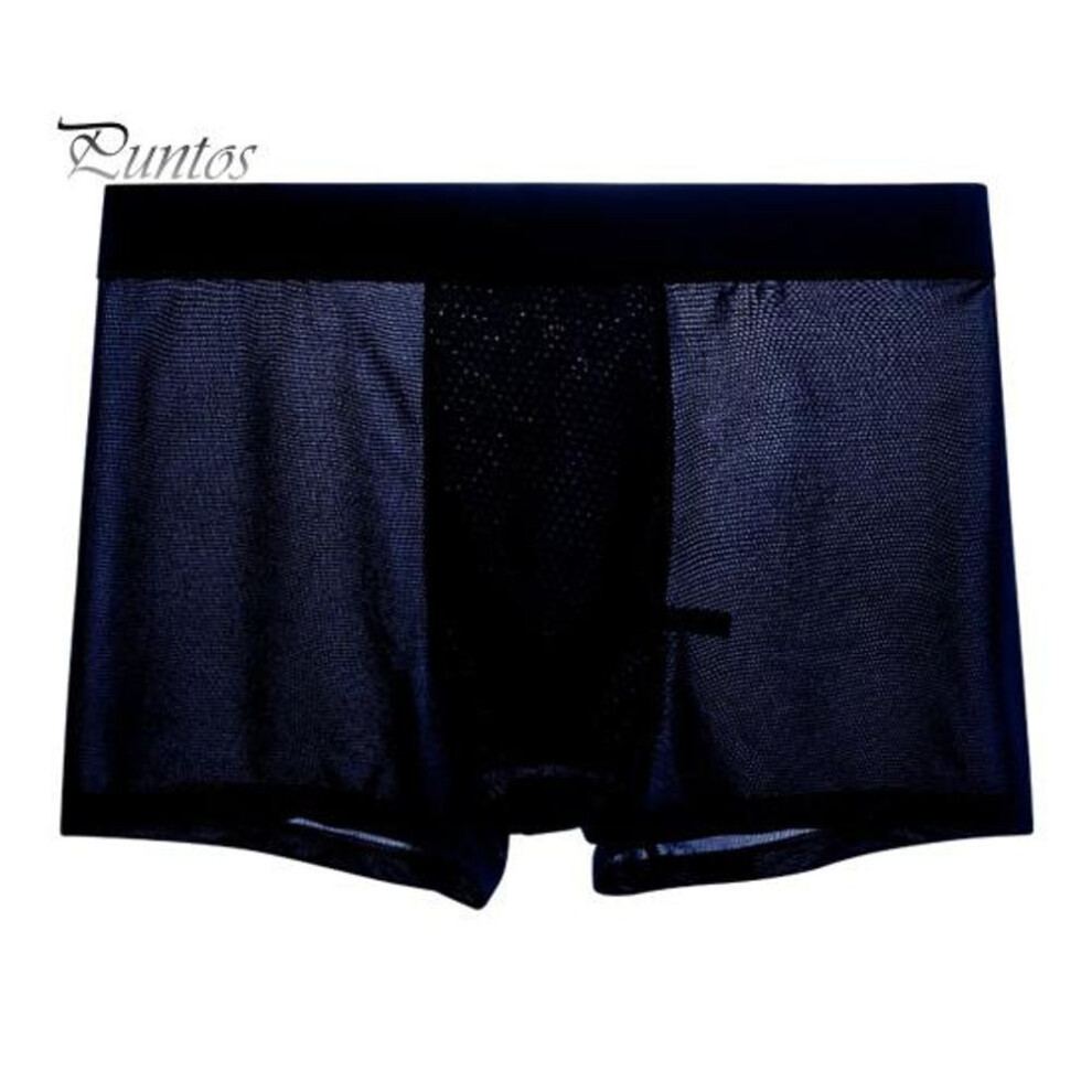 (XL, dark blue) Men Boxer Underwear Elastic Mid-waist U-Convex Solid Color Shorts Briefs Wide Waistband Ice Silk Thin Panties