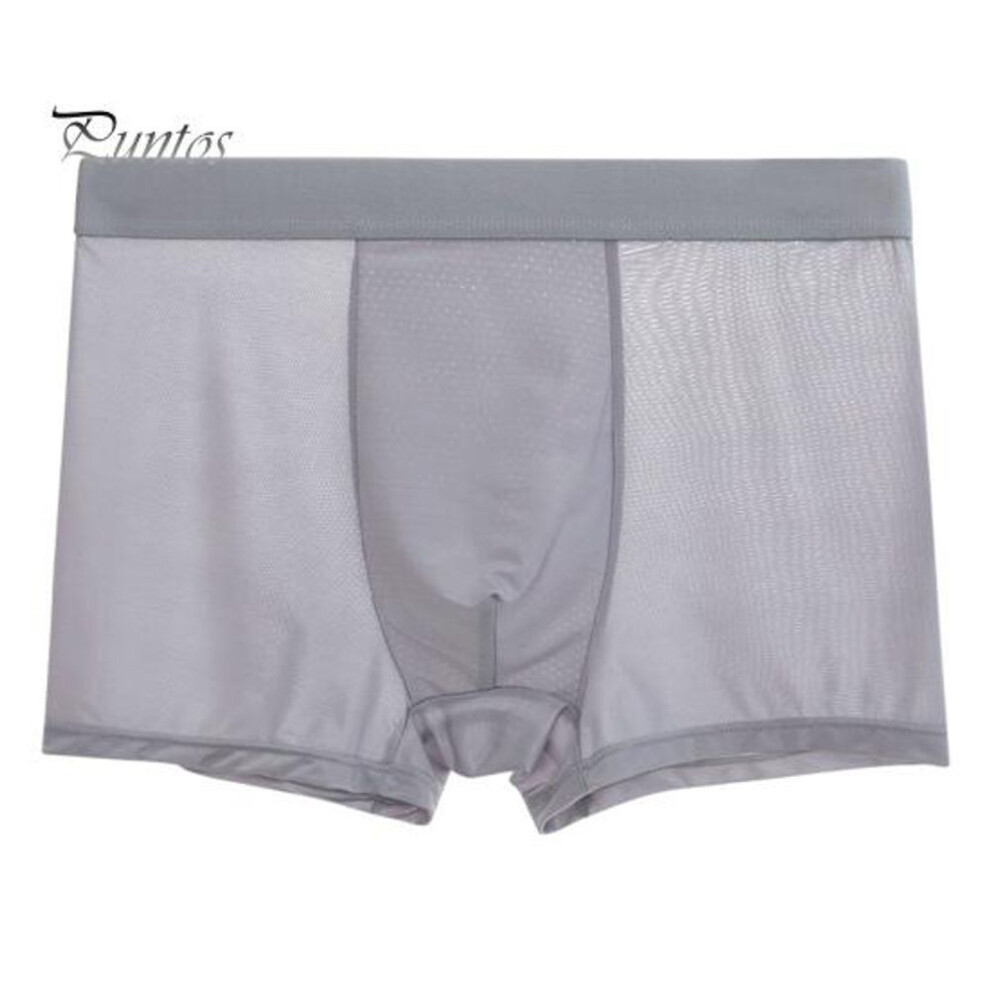 (XXL, light grey) Men Boxer Underwear Elastic Mid-waist U-convex Solid Color Shorts Briefs Wide Waistband Ice Silk Thin Panties