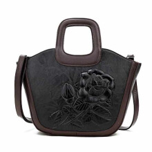 Damen Leder Chinesischer Stil Vintage Geprägte Handtasche Schultertasche SCHWARZ
