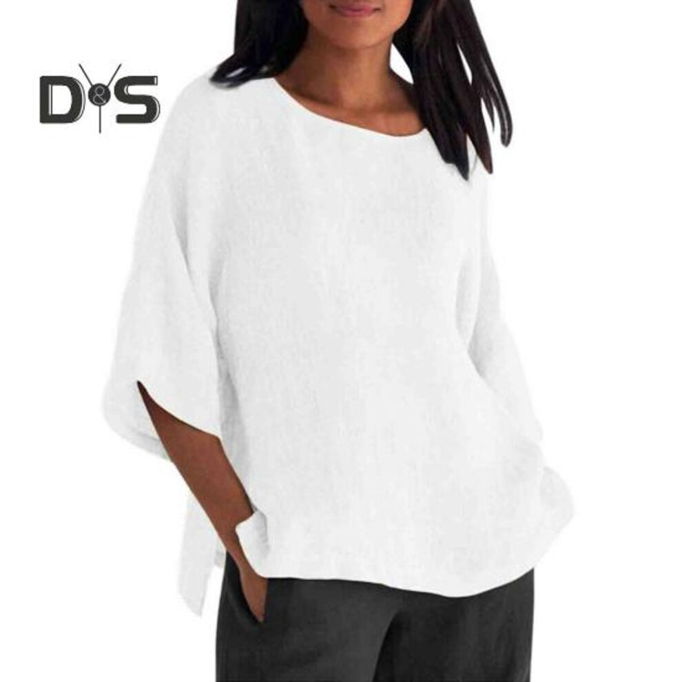 (XXXL, white) Women Shirt 3/4 Sleeve Casual Crew Neck Solid Color Pullover Tops Loose Fit Vacation Blouse Daily Wear