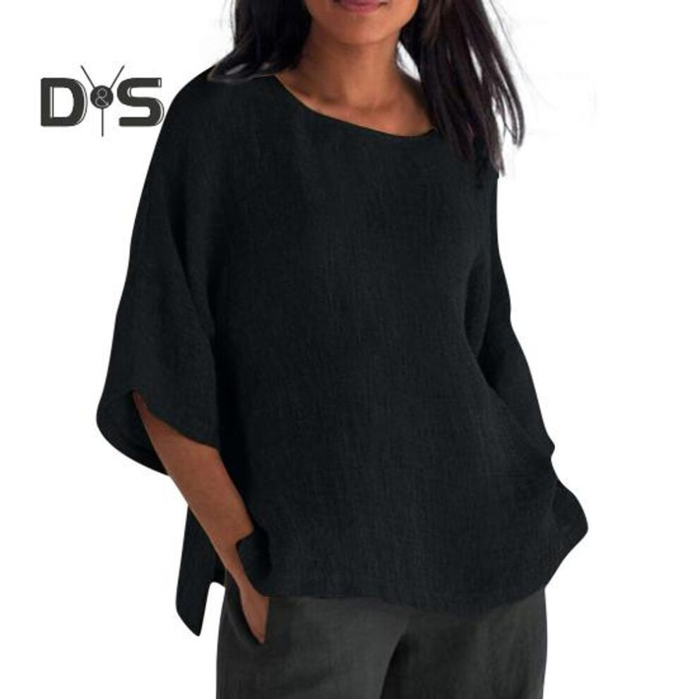 (M, black) Women Shirt 3/4 Sleeve Casual Crew Neck Solid Color Pullover Tops Loose Fit Vacation Blouse Daily Wear
