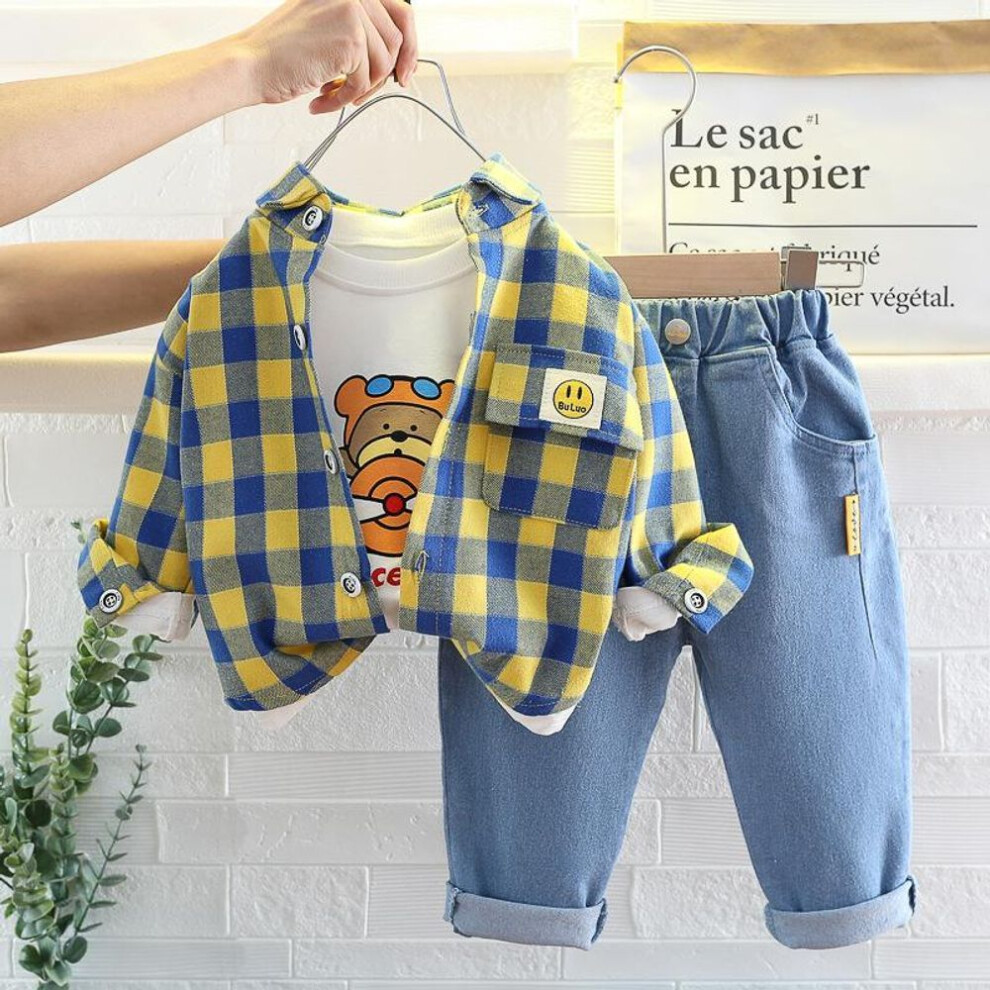 (yellow, 120) Baby Boy Clothes 0-5y Spring Autumn Fashion Suit Boys Cartoon Plaid Shirts Jeans Children's Casual Clothes Baby 3 Piece Sets