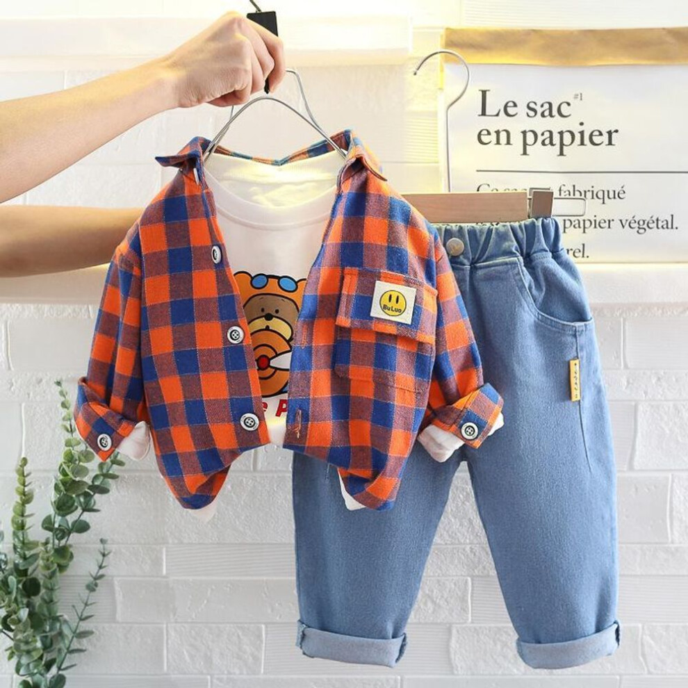 (red, 90) Baby Boy Clothes 0-5y Spring Autumn Fashion Suit Boys Cartoon Plaid Shirts Jeans Children's Casual Clothes Baby 3 Piece Sets