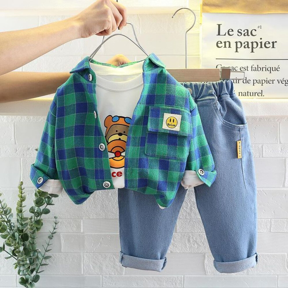 (green, 80) Baby Boy Clothes 0-5y Spring Autumn Fashion Suit Boys Cartoon Plaid Shirts Jeans Children's Casual Clothes Baby 3 Piece Sets