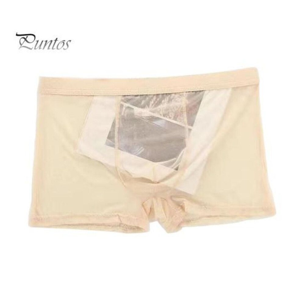 (2XL, beige) Men Boxer Underwear Summer Ultra Thin Perspective Mesh Yarn Shorts Briefs Mid-rise U-convex Sexy Panties