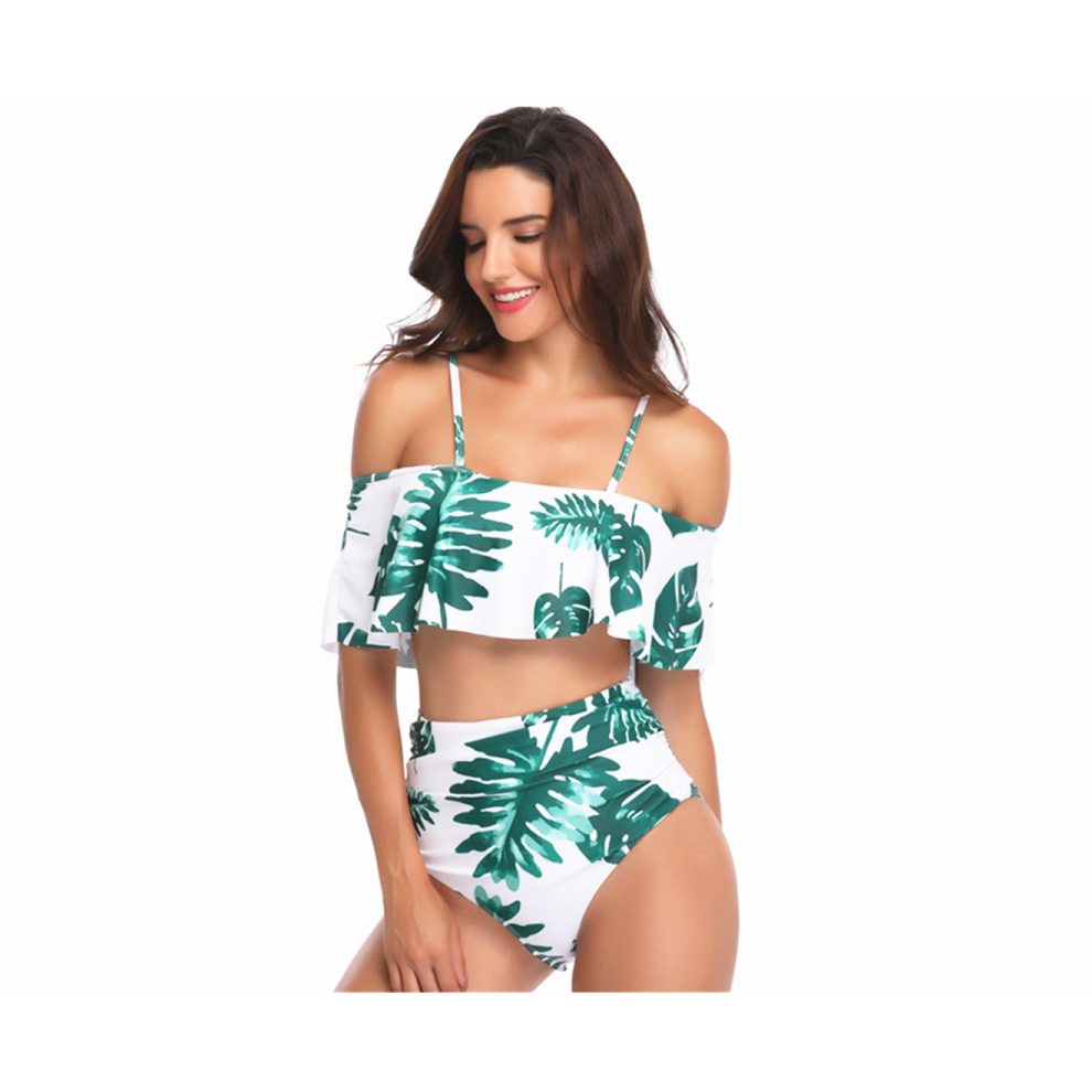 (S) Maillot de bain imprimé feuilles de bikini fendu taille haute pour femme - 1 Xl