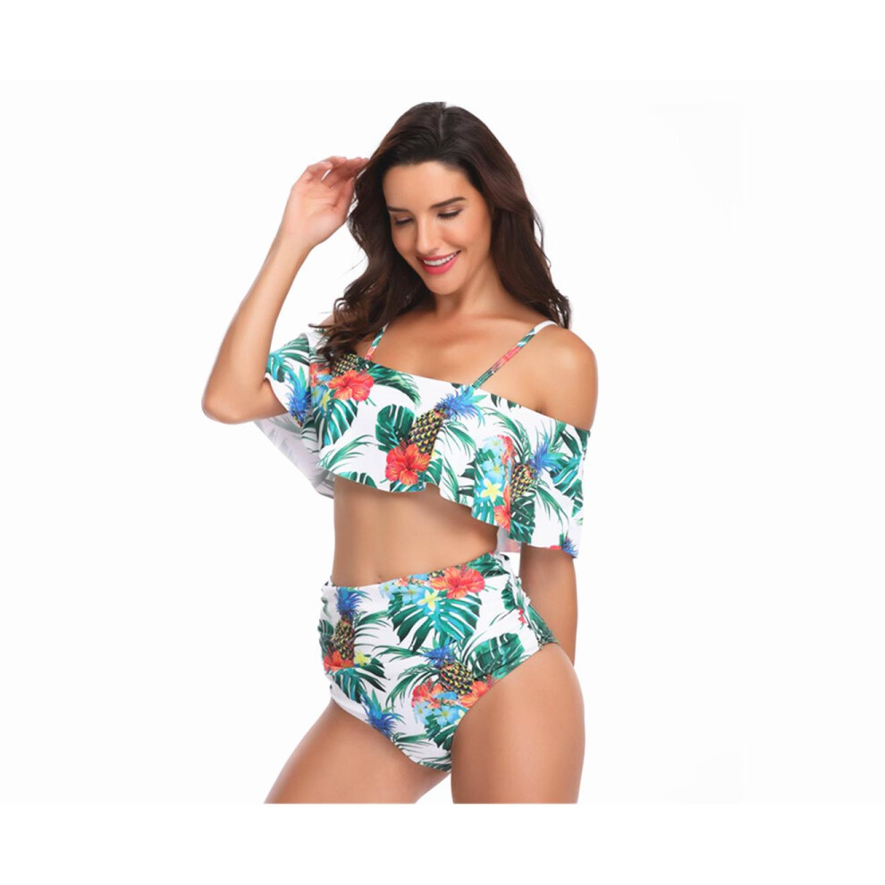 (M) Maillot de bain imprimé feuilles de bikini fendu taille haute pour femme - 4 Xl