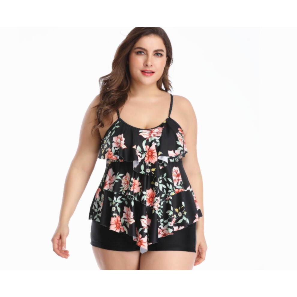 (3XL) Maillot de bain à bretelles pour femme Bikini imprimé Lotus Edge Grande taille Maillot de bain fendu Noir Xl