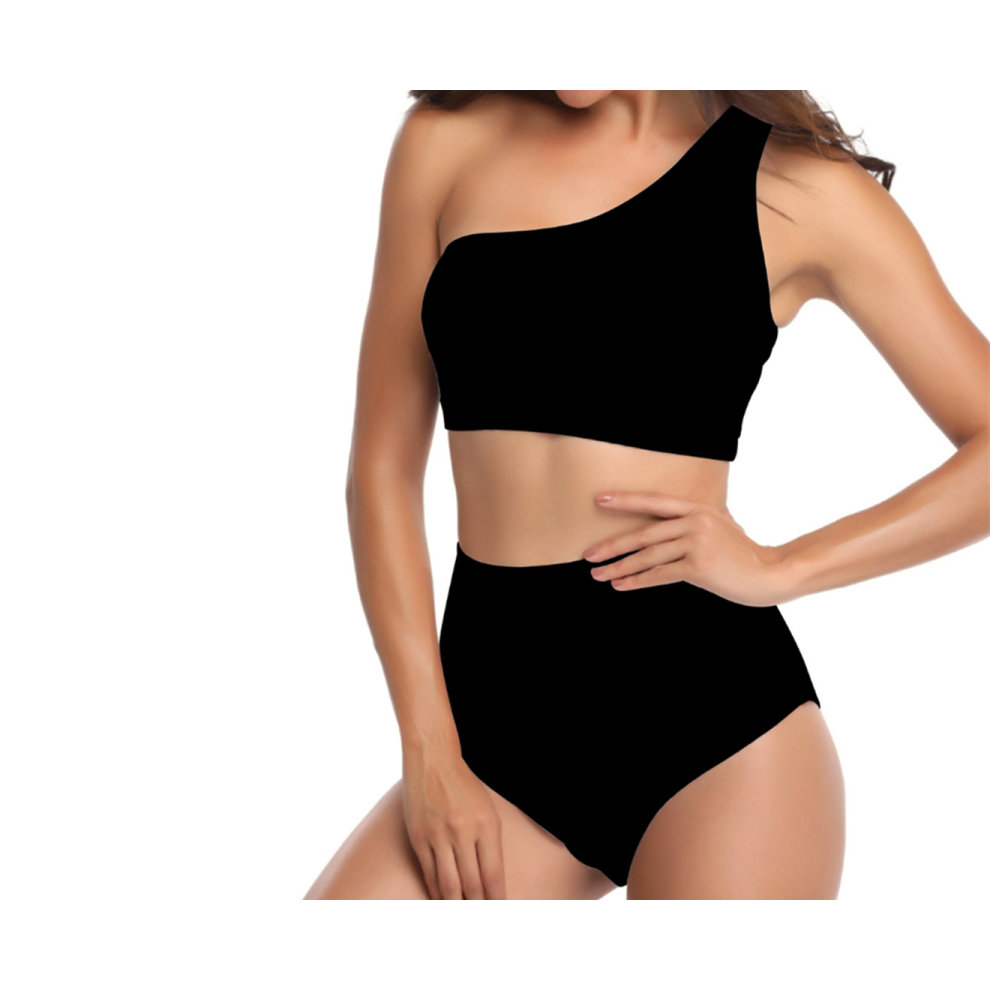 (M) Maillot de bain rayé à une épaule pour femme Maillot de bain bikini taille haute fendu Noir Xl