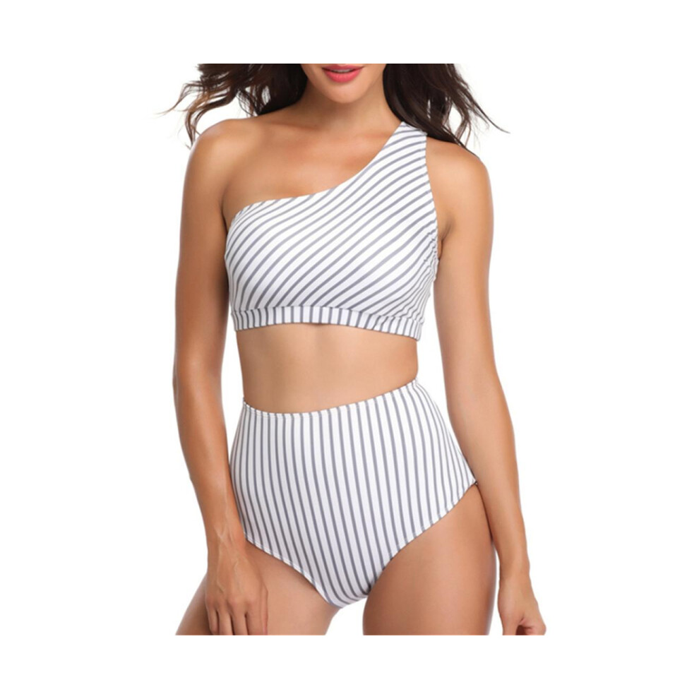 (M) Maillot de bain rayé à une épaule pour femme Maillot de bain bikini taille haute fendu Gris Blanc Xl