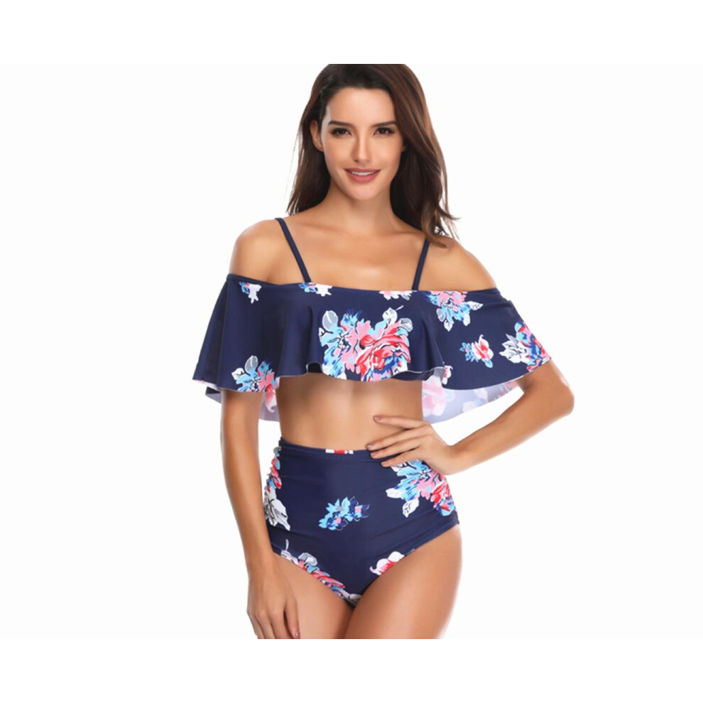 (XL) Maillot de bain imprimé feuilles de bikini fendu taille haute pour femme - 5 Xl