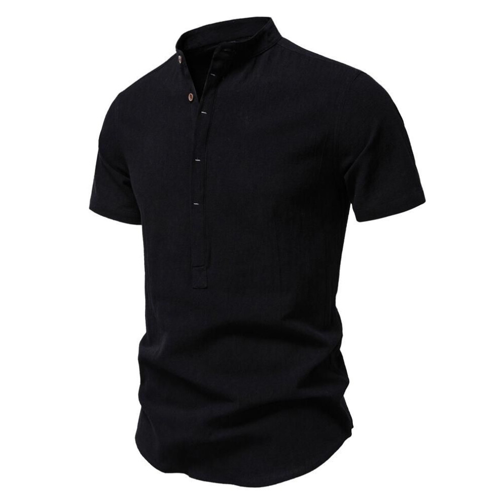 (EUR XL 85-95kg, black) AIOPESON New Short Sleeve Men's Cotton Linen Shirt Fashion Button Up Summer Causal Breathable Shirt for Men