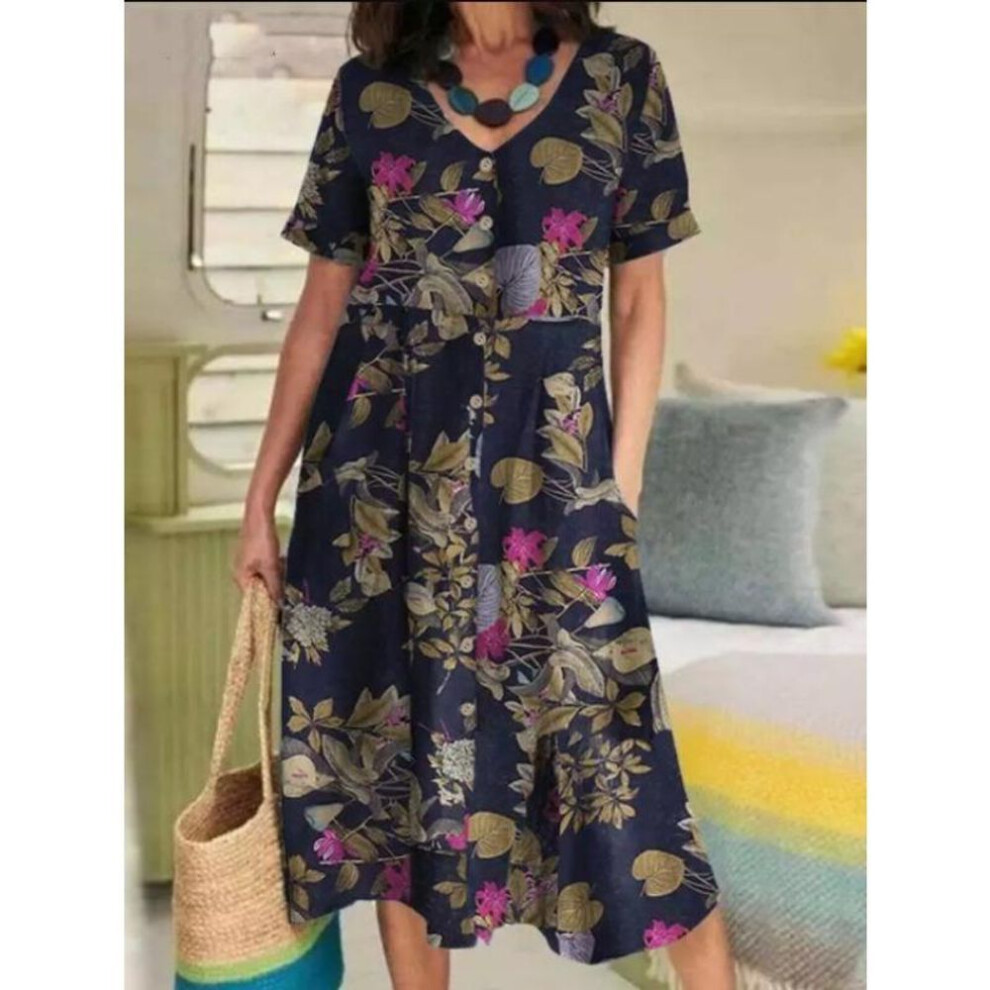 (dark blue, XXXXL) GMXIA Summer Printed Cotton and Linen Vintage Ethnic Style Loose Short Sleeve Big Swing Dress