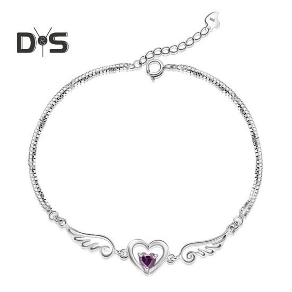 (purple) Women Bracelet Heart Cubic Zirconia Wing Shape Adjustable Length Angel Wrist Chain Valentines Day Birthday Mothers Day Gift Bangle Jewelry