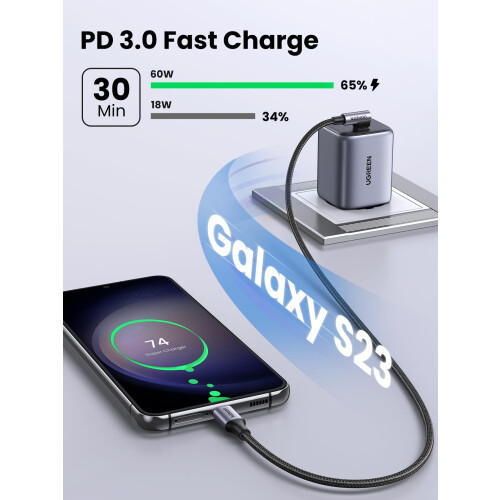 Cable de carga rápida UGREEN USB-C a USB-C en ángulo, 60 W PD, 3 m - Negro 2