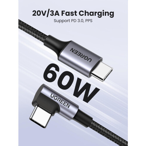 Cable de carga rápida UGREEN USB-C a USB-C en ángulo, 60 W PD, 3 m - Negro 1