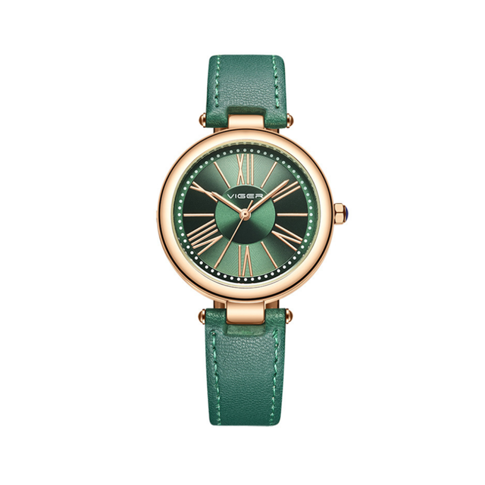 1051# Montre de Mode de Loisirs Femme Montre à Quartz Petite Montre Verte Simple en Cuir Montre à Chiffres Romains-1#