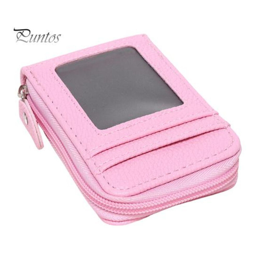 (pink) Coin Purse with 14 Card Slots Large Capacity Card Holder ID Window Anti-theft Zipper Closure Faux Leather Firm Stitching Portable Wallet