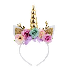 Nishine Einhorn-Horn-Blumen-Stirnband, Glitzerohren, Pony-Stirnbänder, Tiara für Mädchen, Party, Geburtstag, Cosplay (Gold und Mint)