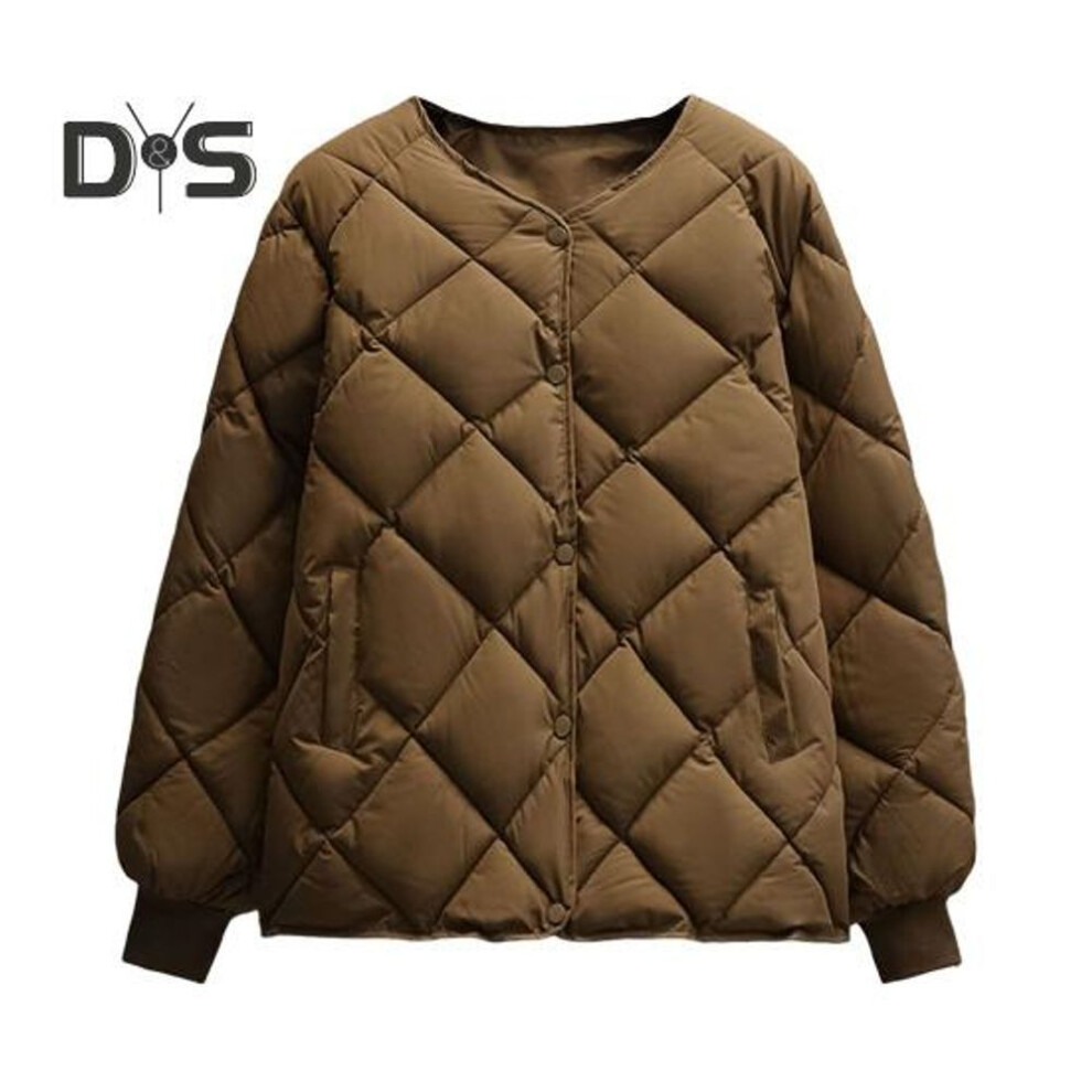 (coffee, M) Women Winter Down Coat Rhombus Texture Stitching Thick Padded Pockets Long Sleeves Solid Color Single-breasted Elastic Cuff Lady Jacket
