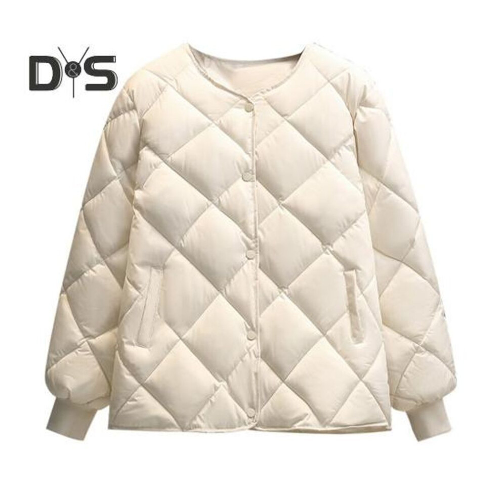 (white, L) Women Winter Down Coat Rhombus Texture Stitching Thick Padded Pockets Long Sleeves Solid Color Single-breasted Elastic Cuff Lady Jacket