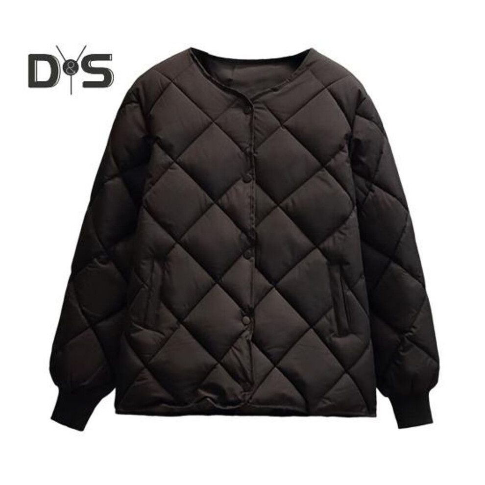 (black, S) Women Winter Down Coat Rhombus Texture Stitching Thick Padded Pockets Long Sleeves Solid Color Single-breasted Elastic Cuff Lady Jacket