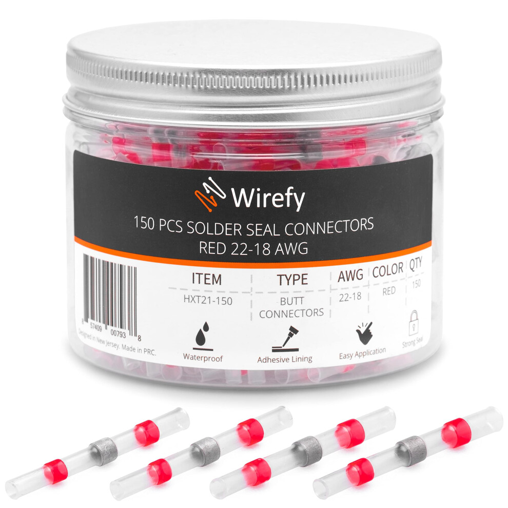 150 PCS Solder Seal Wire Connectors - Heat Shrink Solder Butt Connectors - Waterproof Solder Sleeves - Self Soldering Wire Connectors - Red 22-18 AWG