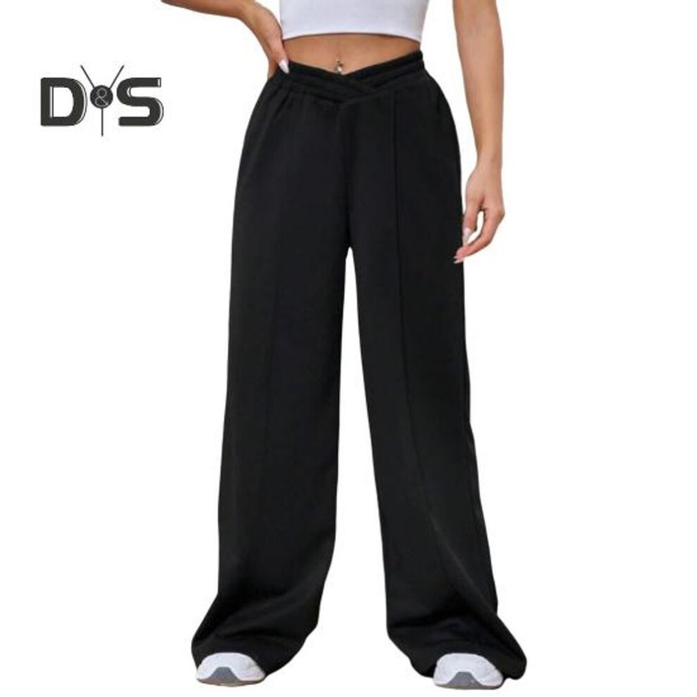 (black, S) Women Pants V-shaped Elastic High Waist Straight Wide Leg Long Pants Solid Color Loose Fit Sweatpants Daily Wear