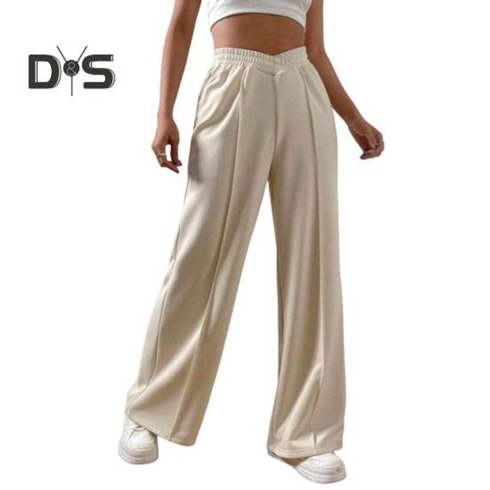(apricot, XXL) Women Pants V-Shaped Elastic High Waist Straight Wide Leg Long Pants Solid Color Loose Fit Sweatpants Daily Wear