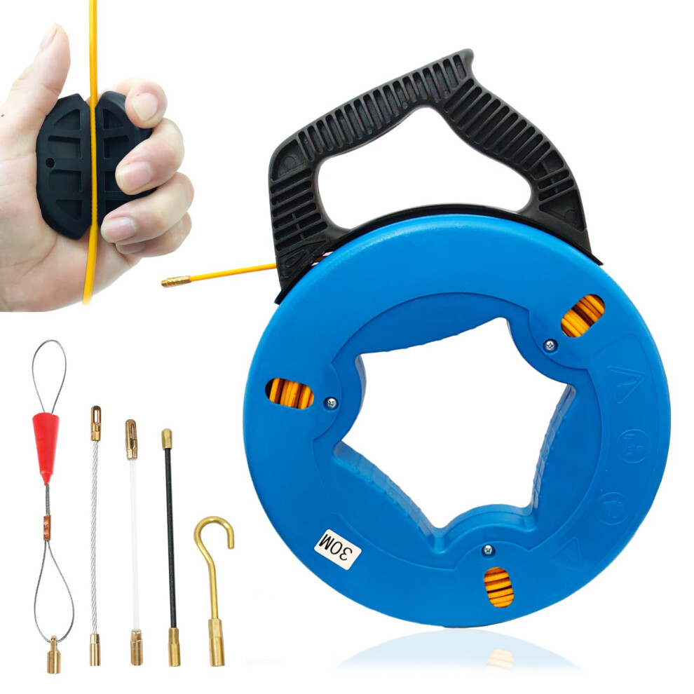 30M Fish Tape Fiberglass Fish Tape In Reel 4.0Mm Non-Conductive Wire Cable Puller Electrician Tools For Pulling Wire And Cable With 5 Adapters 6971554730177