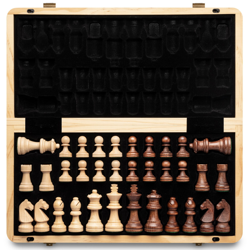 A&A 15" Magnetic Wooden Chess Set/Folding Board / 3" King Height German Knight Staunton Chess Pieces/Walnut & Maple Inlaid /2 Extra Queen-image-OPC-PH8PY7S-NEW