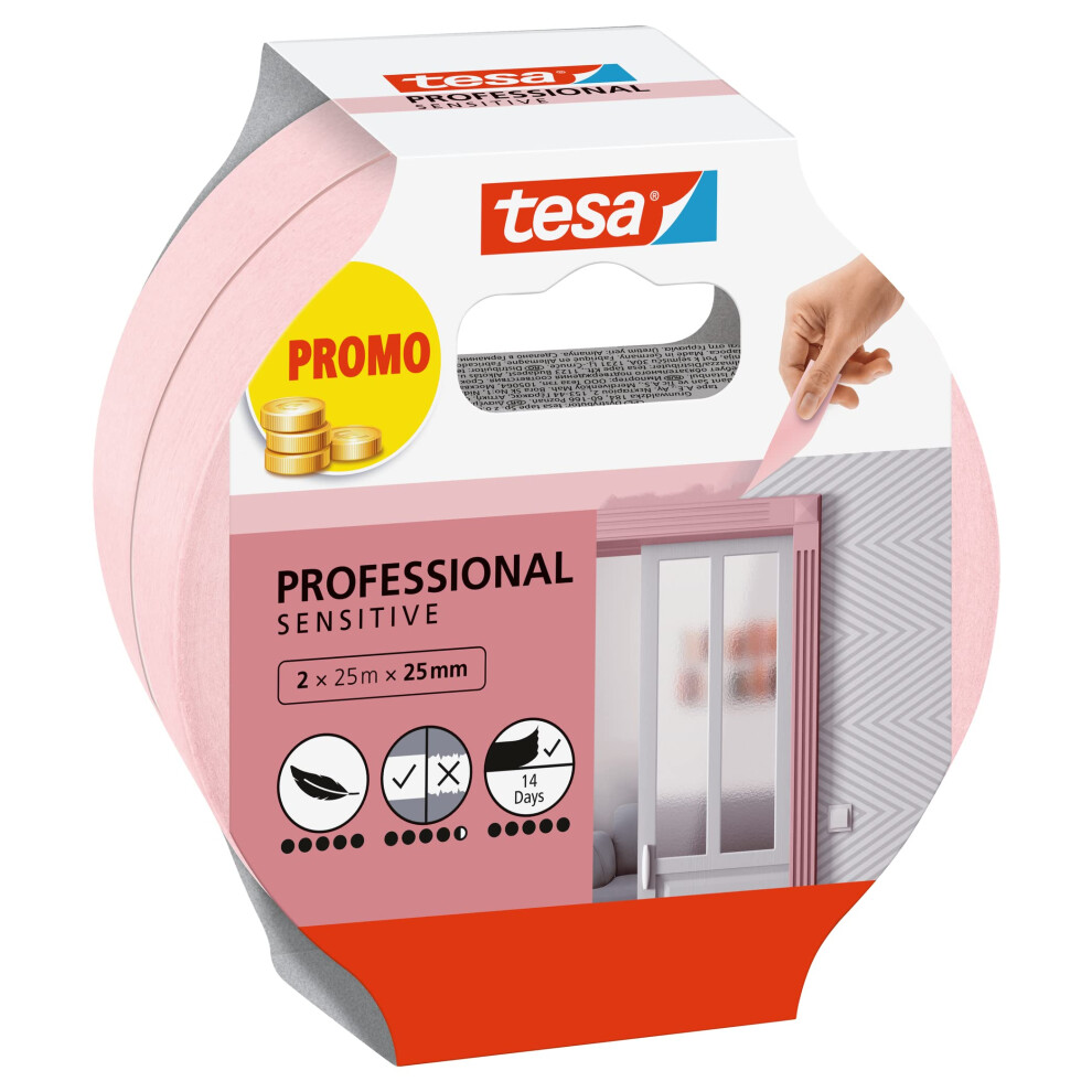 Tesa Masking Tape Wallpaper - Thin Painter's Tape For Precise Masking - Suitable For Sensitive Interior Surfaces - 2X 25 M X 25 Mm - Pink 4042448402981