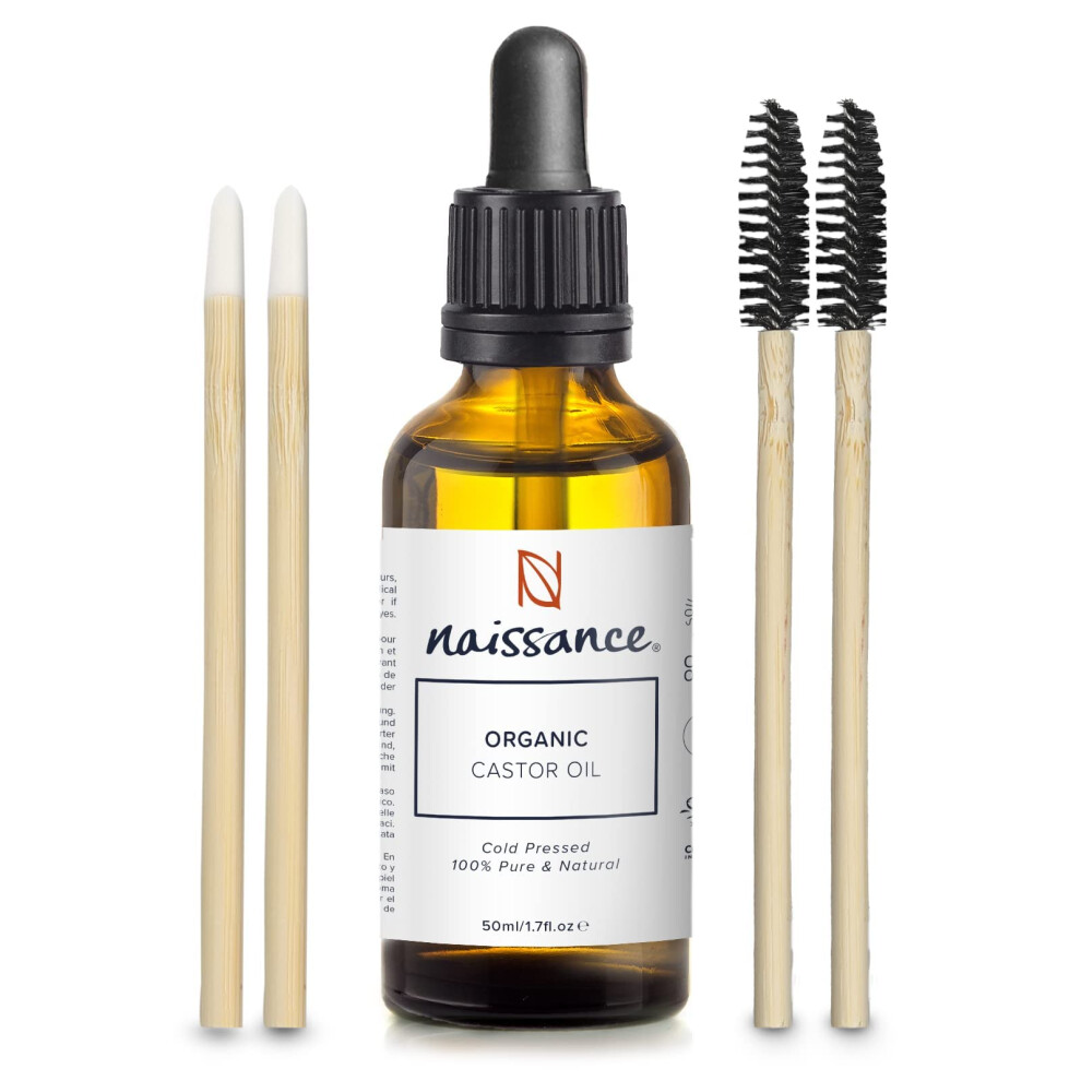 Naissance Organic Castor Oil With Wands (No. 217) - 50 Ml - For Eyelashes, Eyebrows, Healthy Hair Growth