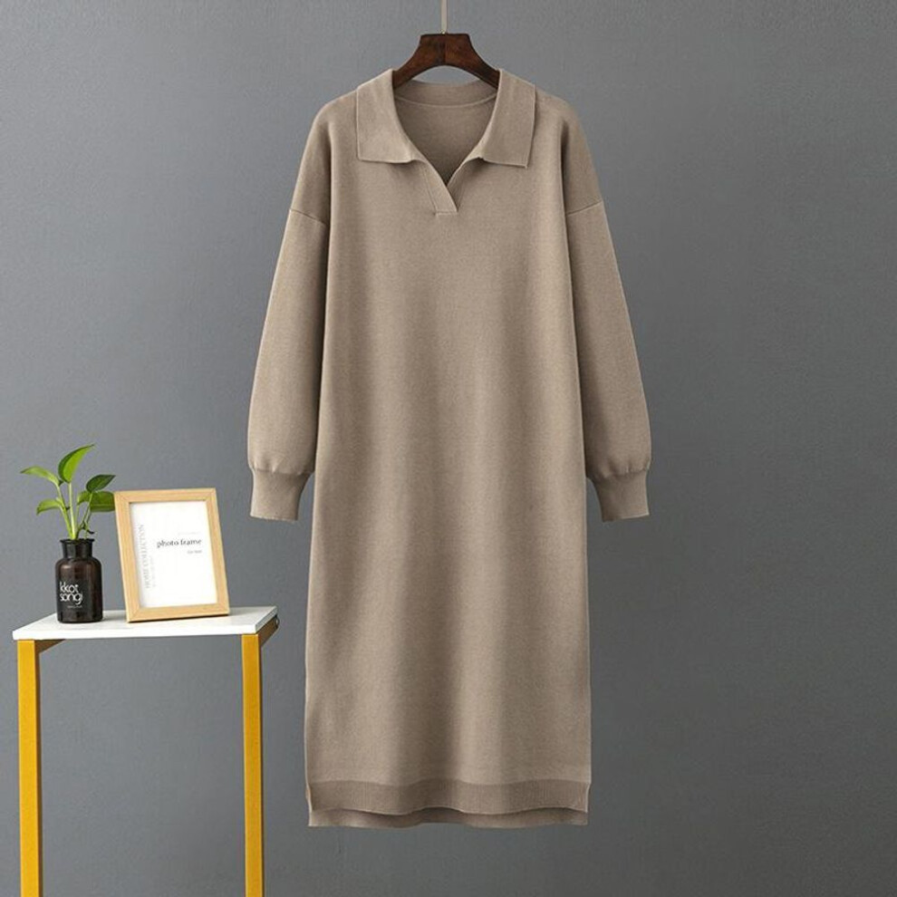 (khaki, One Size) Women Autumn Winter Polo Collar Underlay Knitted Loose Large Solid Color Dresses