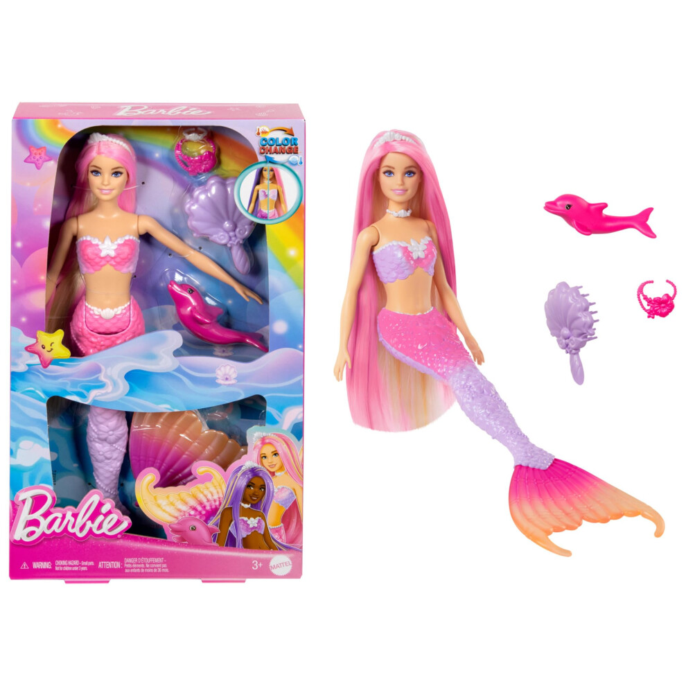 Barbie Mermaid Doll, “Malibu” With Pink Hair, Styling Accessories, Pet Dolphin And Water-Activated Color Change Feature, Hrp97
