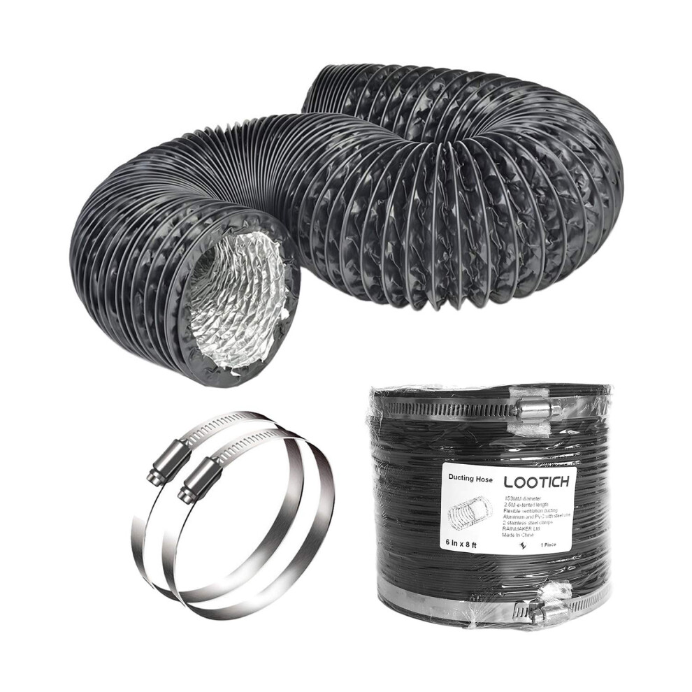 Strong 6" Air Duct 8 Ft Long Black Pvc Flexible Aluminum Ducting With 2 Stainless Steel Clamps 4 Layer Hvac Ventilation Hose For Grow Tents Dryer 751940369046