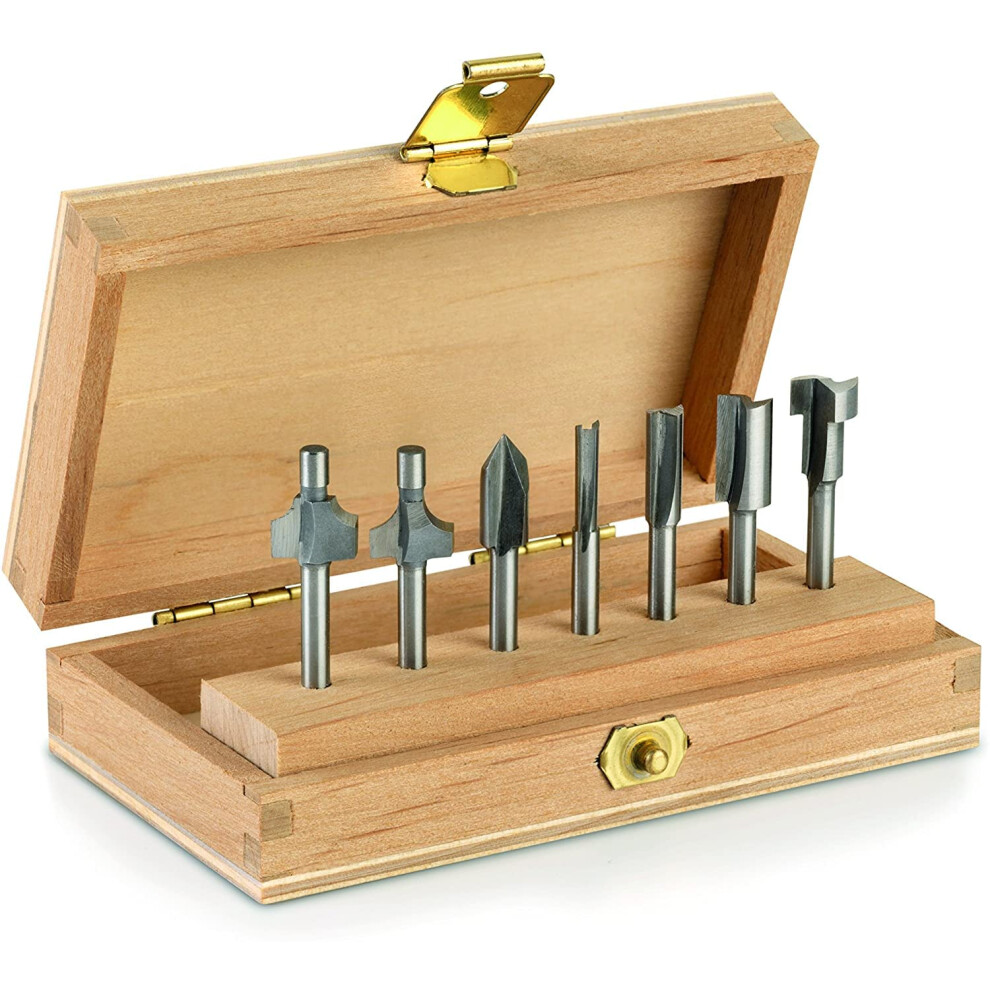 660 Router Bit Set, 7 Multipurpose Router Bits for Rotary Tools in Wooden Tool Box, 3.2 mm Shank