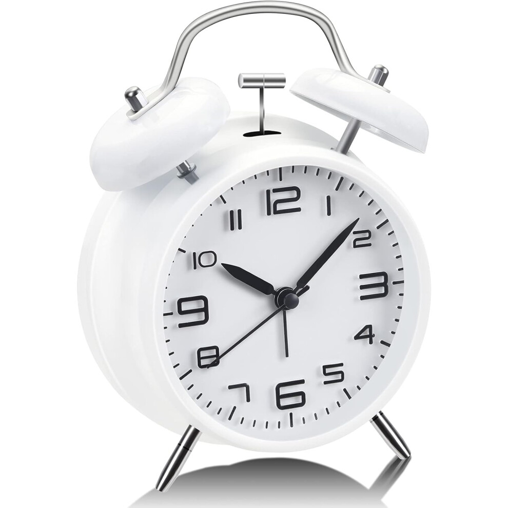 Twin Bell Alarm Clock With Night Retro Alarm Clock For Kids, Analog With 4 Inch Large Dial, Non-Ticking (White) Light/White Lifeasy