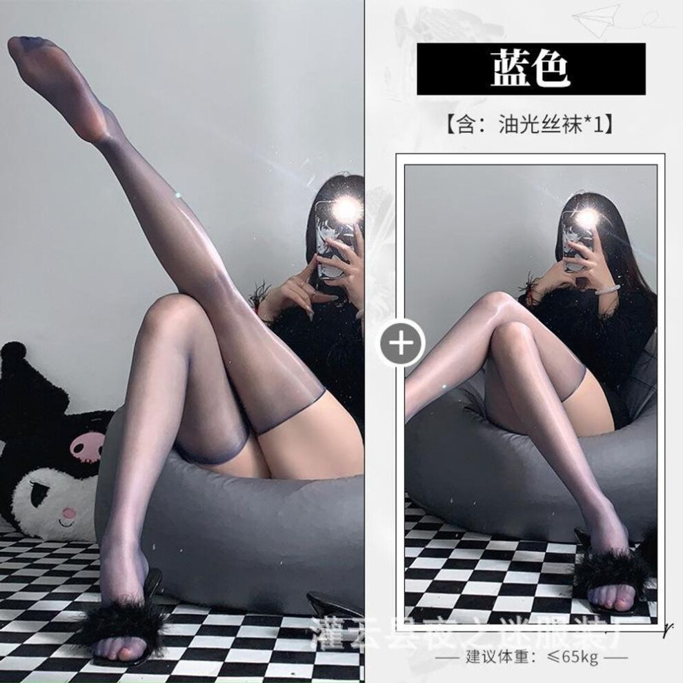 (one size fits all, blue) Sexy Glossy stockings open crotch, passionate and sexy, fully transparent and seamless, silky and free of new sex, female oil shiny