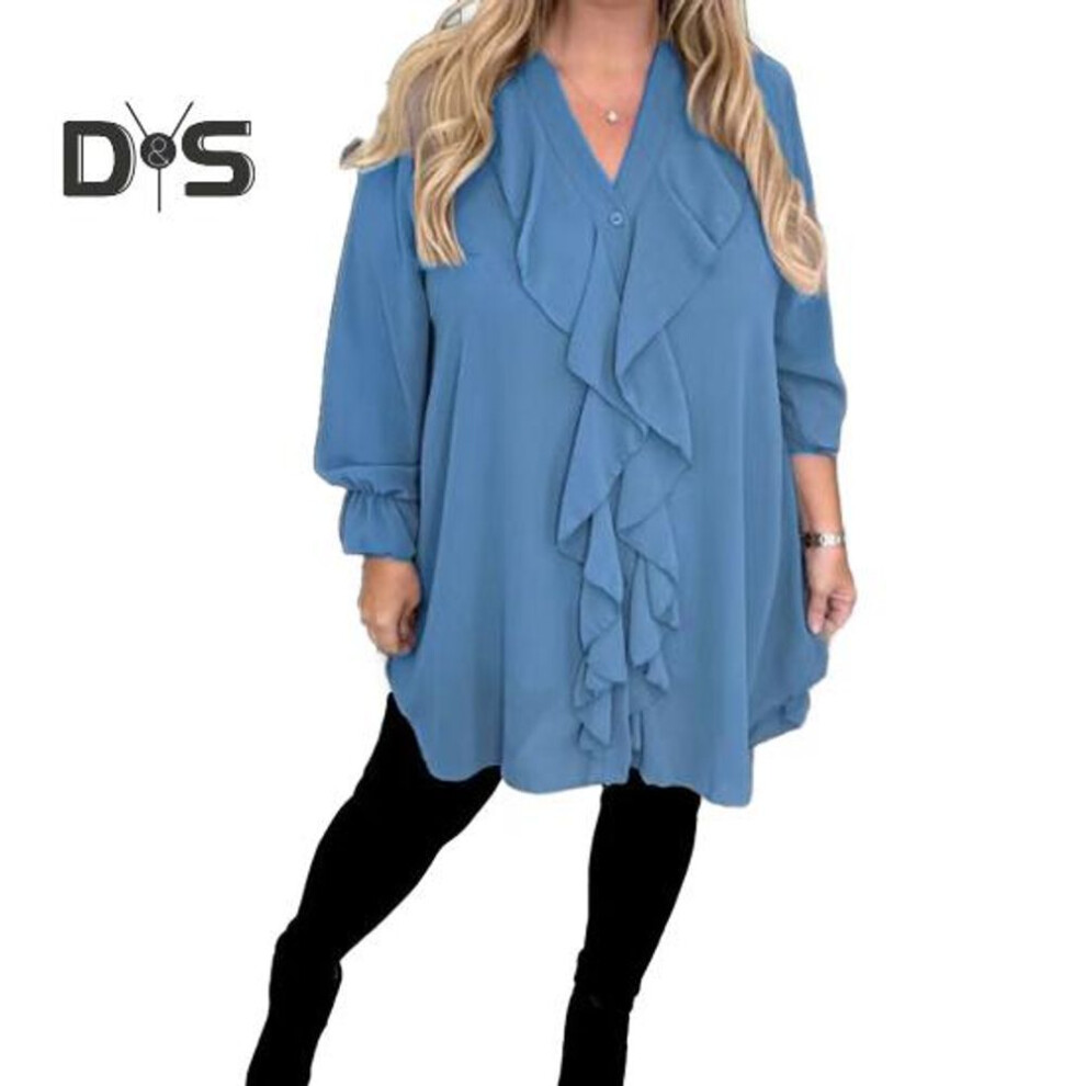 (M, blue) Women Shirt V-Neck Long Sleeve Ruffle Trim Casual Shirt Solid Color Casual Loose Fit Tops Chiffon Blouse Daily Wear