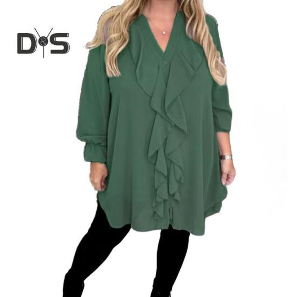 (L, army green) Women Shirt V-neck Long Sleeve Ruffle Trim Casual Shirt Solid Color Casual Loose Fit Tops Chiffon Blouse Daily Wear