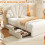 Single Upholstered Bed with 2 Storage Drawers, Petal Headboard, Beige 7