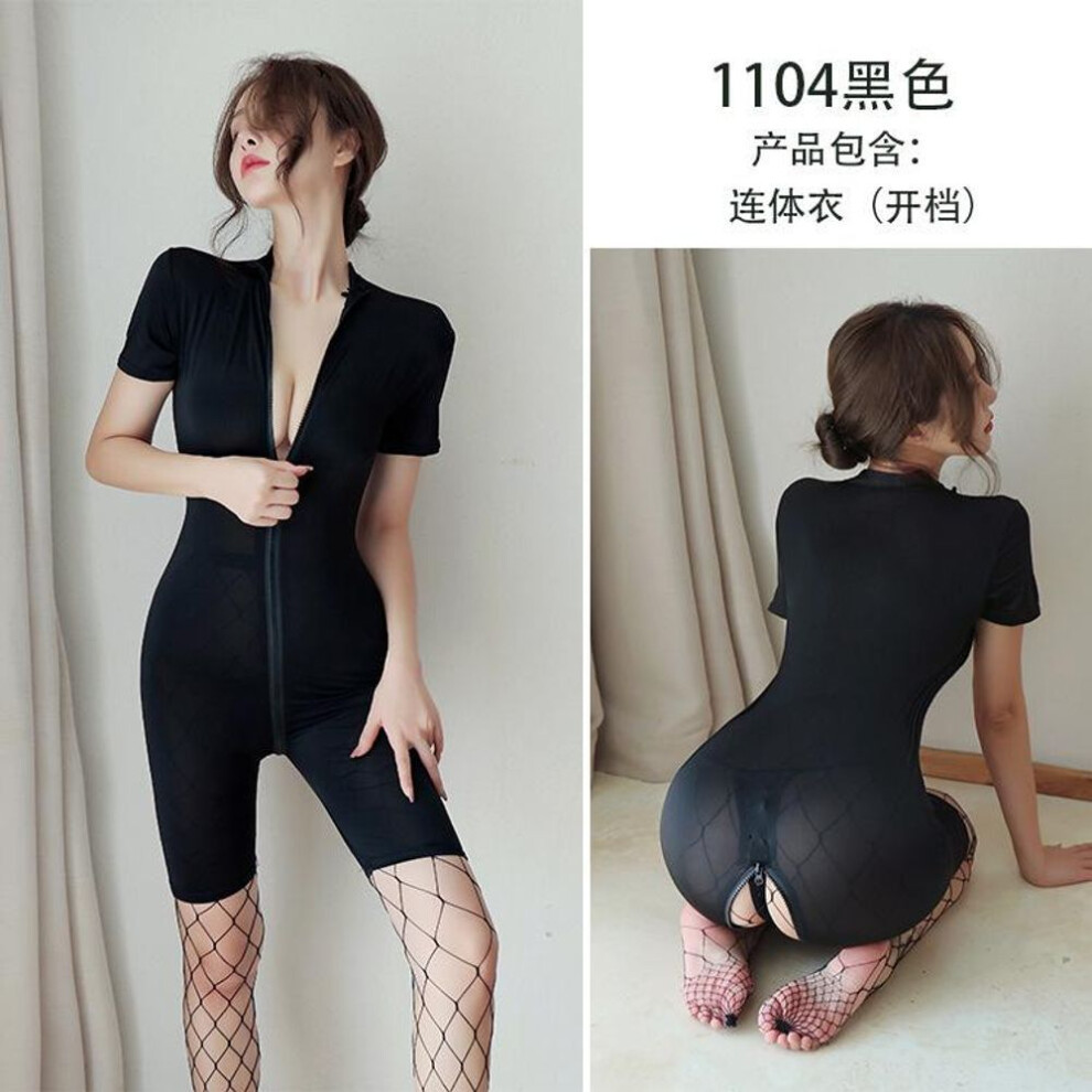 (black, One size (80-60kg)) Sex underwear women's sexy silky swimming cloth zipper short sleeve open gear free sexy onesie