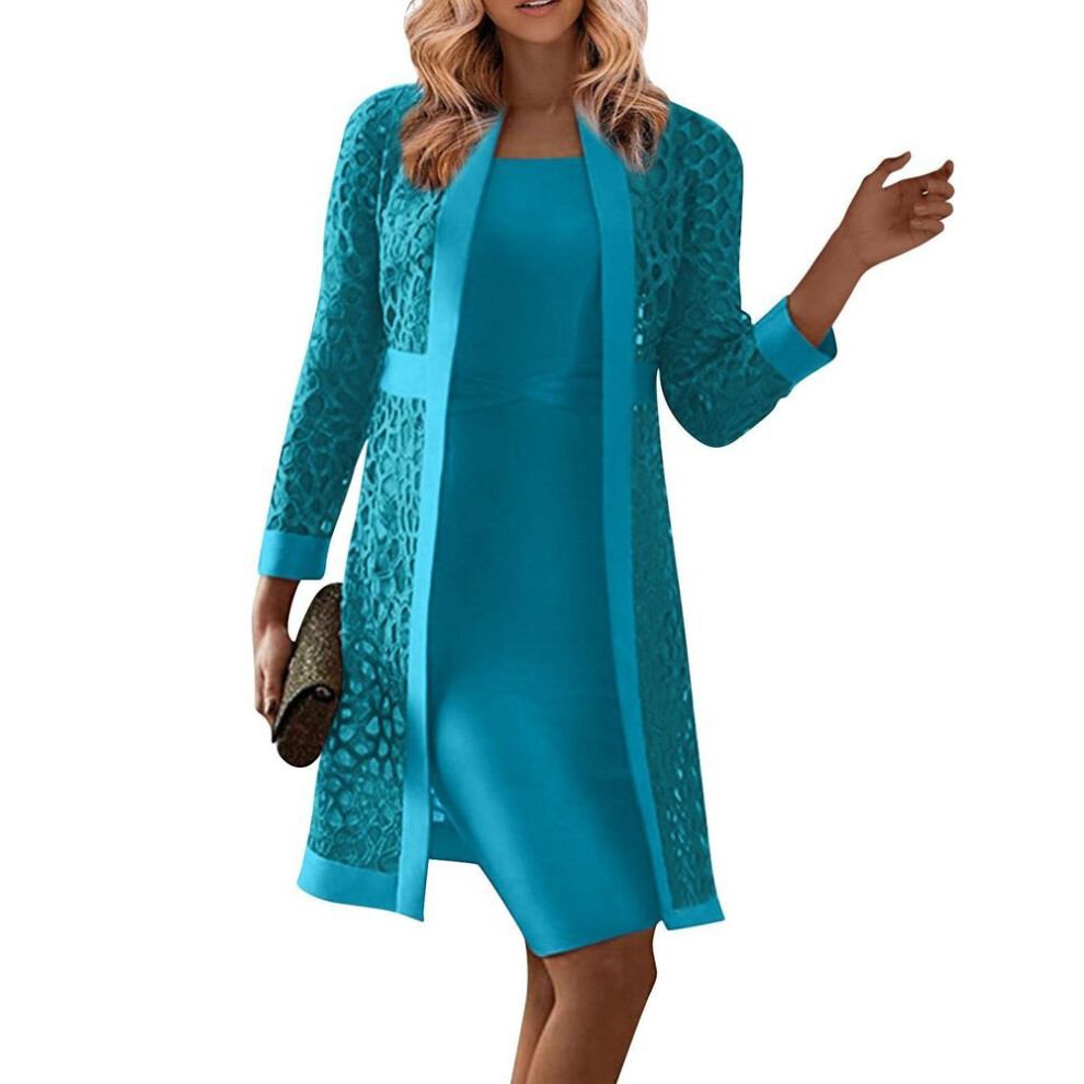 (blue, XXL) Lady Bridal Dress Mom Outfit Long-sleeved Knee-length Dress With Jacket