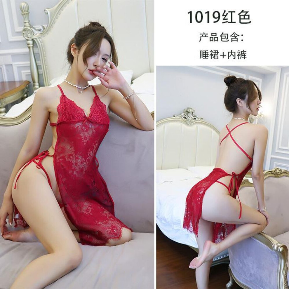 (red, One Size (80-70kg)) Sexy underwear Sexy nightdress Transparent lace backless suspender skirt Large size uniform temptation