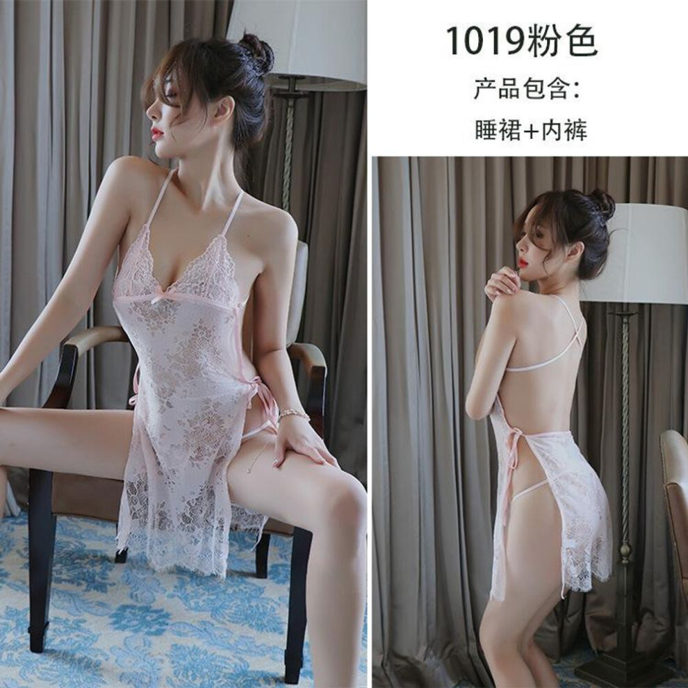 (pink, One Size (80-70kg)) Sexy underwear Sexy nightdress Transparent lace backless suspender skirt Large size uniform temptation