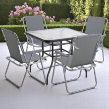 (Table + 4 Grey Chairs) Garden Square Glass Table & Folding Chairs Set Metal Outdoor Patio Parasol Hole